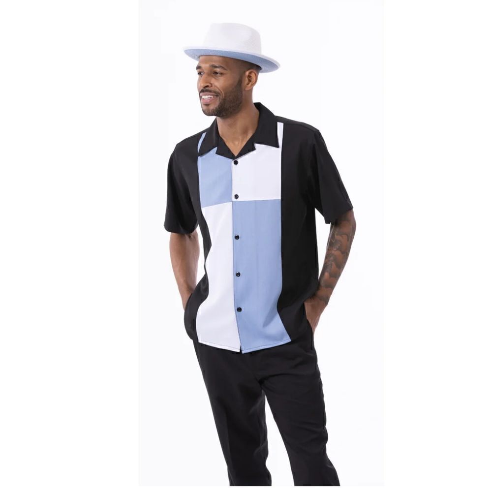 MEN'S MONTIQUE NAVY SQUARE PATTERN SHORT SLEEVE 2 PIECE WALKING SET.